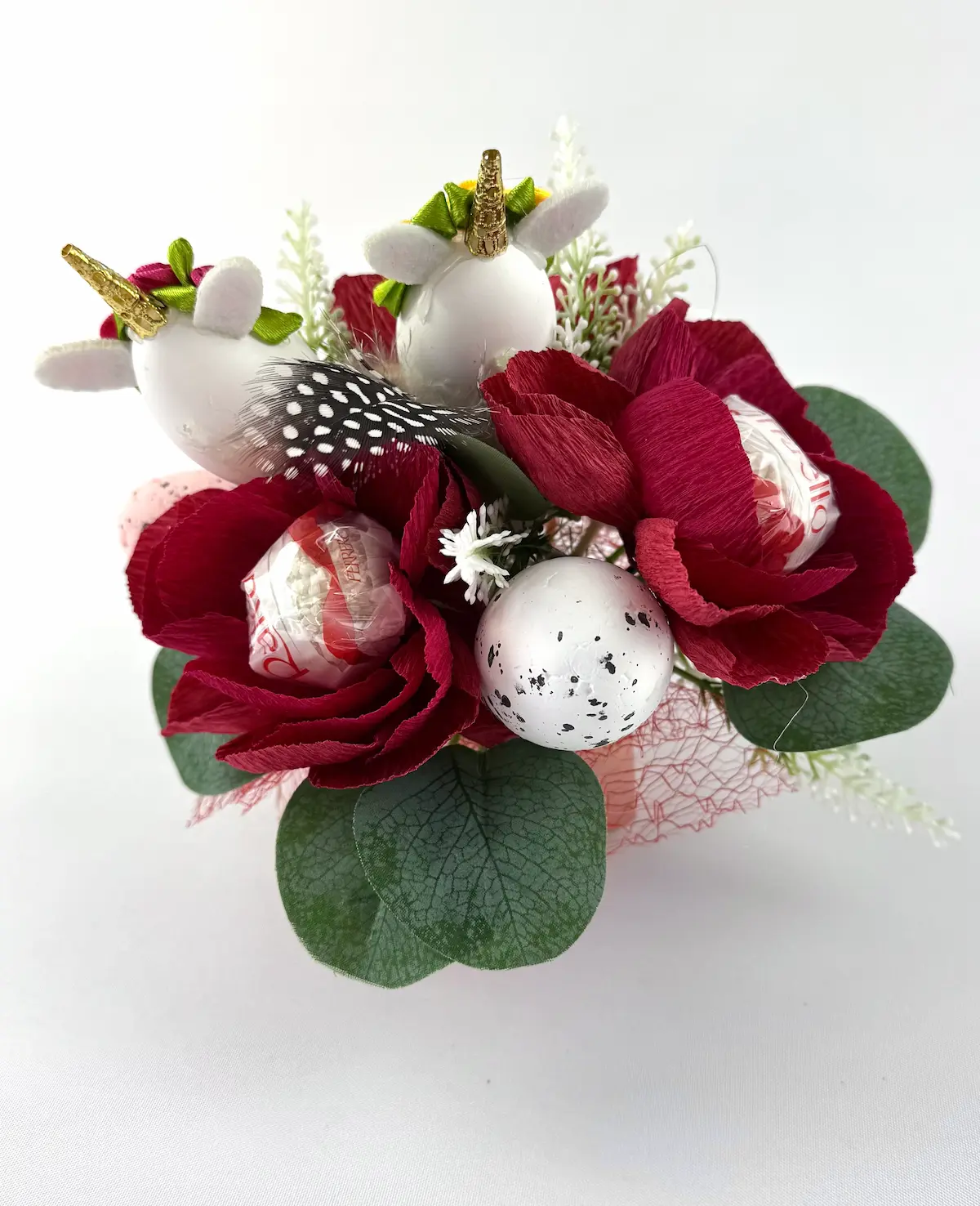 Dark Red Flower Arrangement with Raffaello inside - Image 3